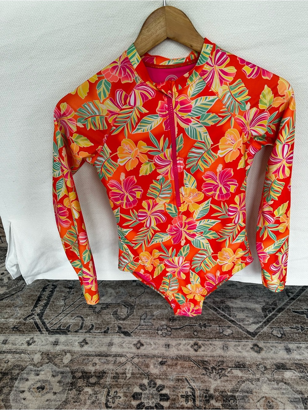 Wonder Nation Girls Zip Up Rash Guard One Piece Swimsuit with long sleeves
